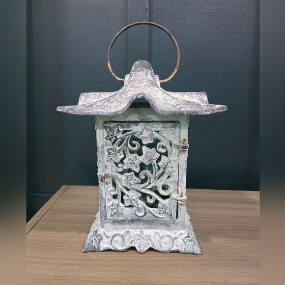 Vtg Hanging Pagoda Patina Green Ivy Garden Lantern Candle Holder 8x8 Partylite